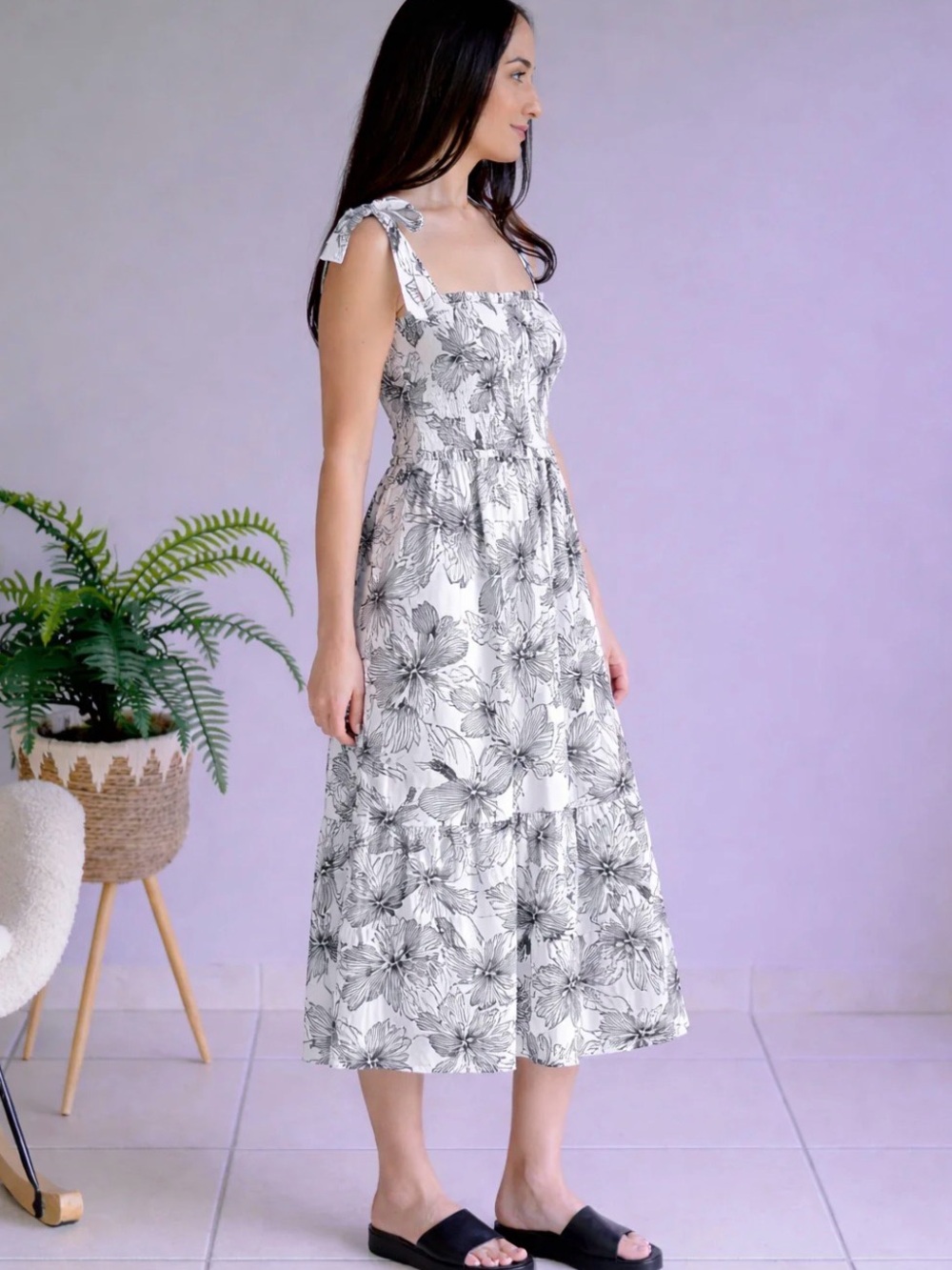 White Birch Floral Tie-Shoulder Midi Dress in Black and White Sz XL